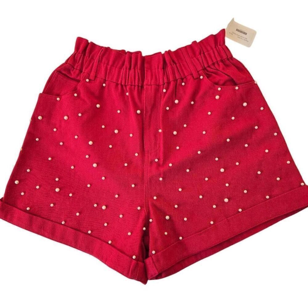 NWT Fantastic Fawn Womens Cuffed Paperbag Shorts with Pearl Accent Red Large